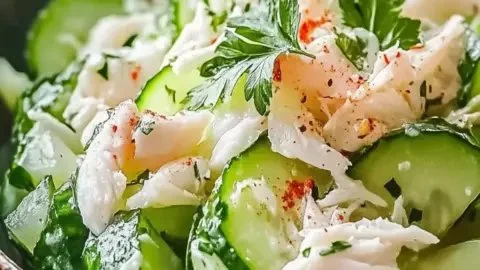 Cucumber salad topped with crab meat, a refreshing summer dish.
