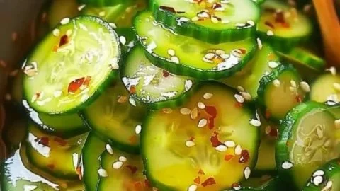 Bowl of easy Asian cucumber salad with sesame dressing and fresh vegetables