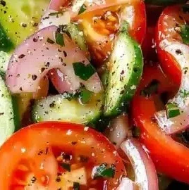 Fresh marinated cucumber salad with onion and tomato in a bowl