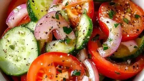 Fresh marinated cucumber salad with onion and tomato in a bowl