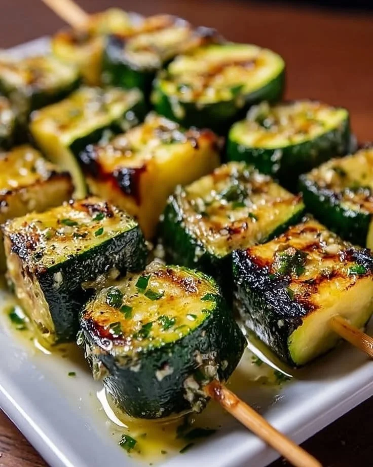 Grilled garlic butter zucchini skewers on a barbecue grill