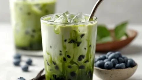 Iced Blueberry Vanilla Matcha Latte topped with blueberries and matcha powder