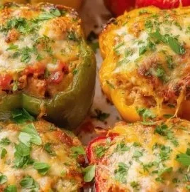 Baked Keto Stuffed Peppers filled with meat and cheese, healthy meal option