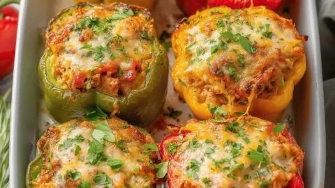Baked Keto Stuffed Peppers filled with meat and cheese, healthy meal option