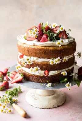 Strawberry Chamomile Naked Cake with fresh strawberries and chamomile flowers