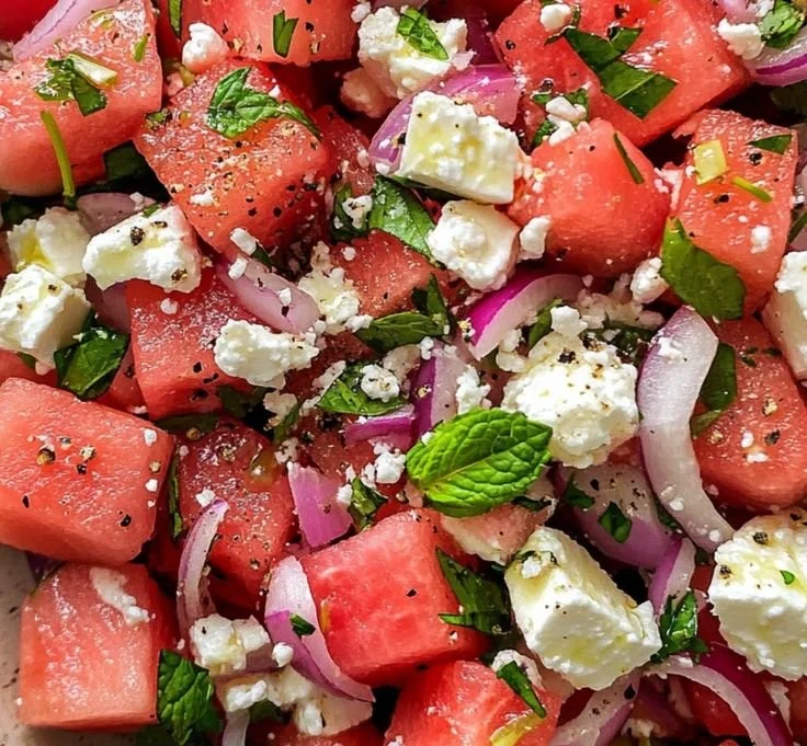 Fresh watermelon feta salad with mint on a white plate